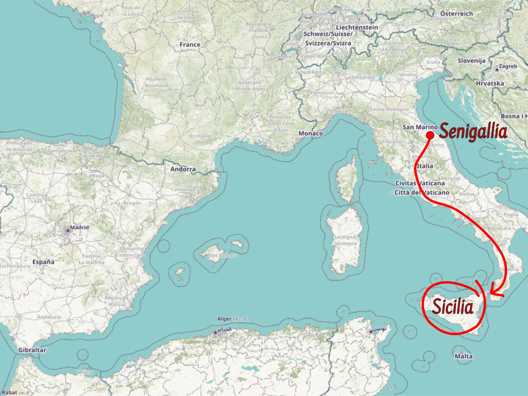 Mappa dell'Italia con una freccia che parte da Senigallia (Marche) ed arriva fino alla Sicilia